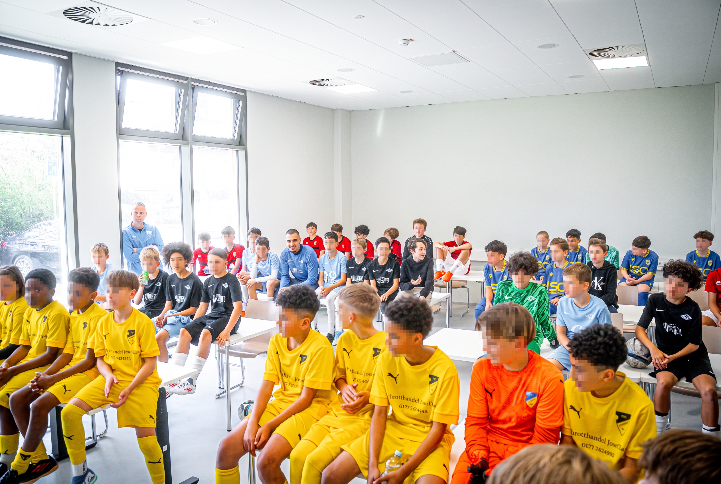 Junge Fußballteams sitzen im Seminarraum und hören zu